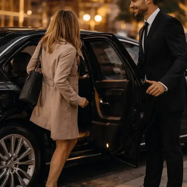 Entrée élégante dans une voiture VTC de luxe à Brignoles Cliente élégamment vêtue entrant dans une berline VTC avec l’aide de son chauffeur à Brignoles